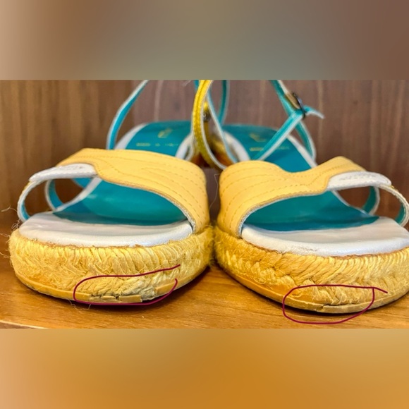 VTG E Made In Italy Colorblock Wedge Espadrilles Sz 37 Cream/Orange/Yellow/Gold - Picture 15 of 16